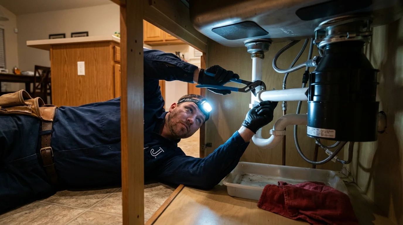 P-trap and supply line connections under a kitchen sink showing a common leak point in Geneva, AL